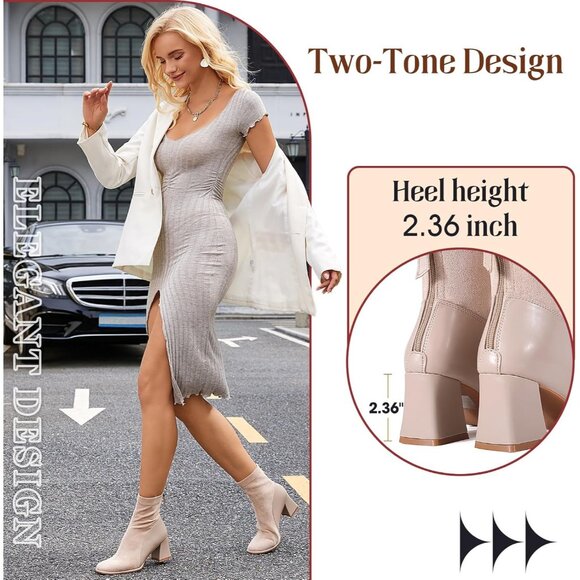 Women's Apricot Square Toe Low Block Heel Chelsea Back Zipper Mid Calf Booties - Picture 4 of 6